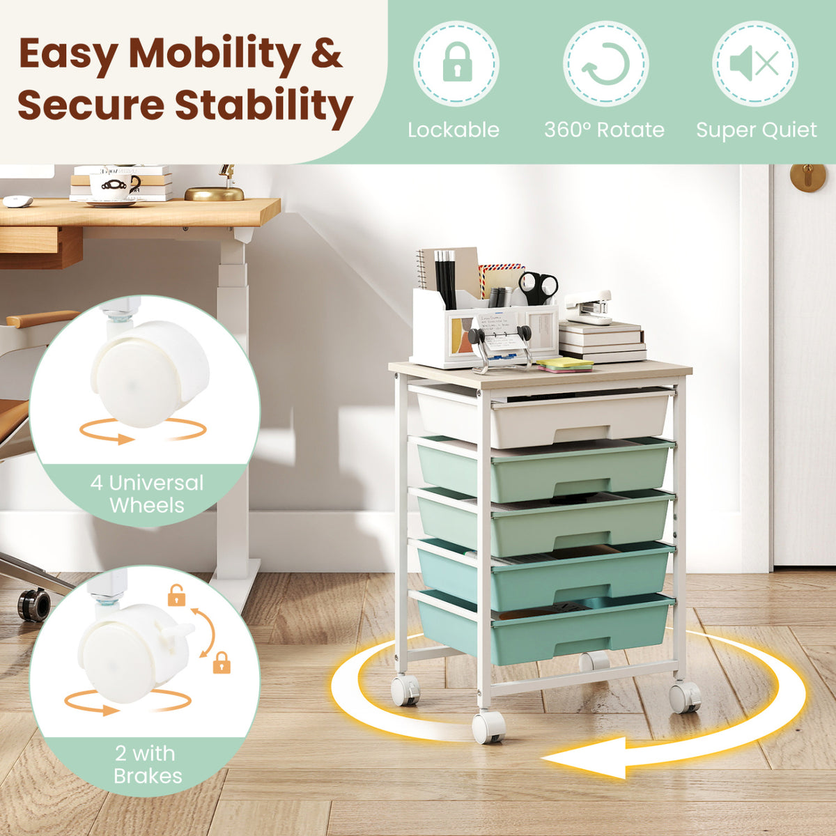 5-Drawer Rolling Cart with Wooden Tabletop and Metal Frame for Craft Room