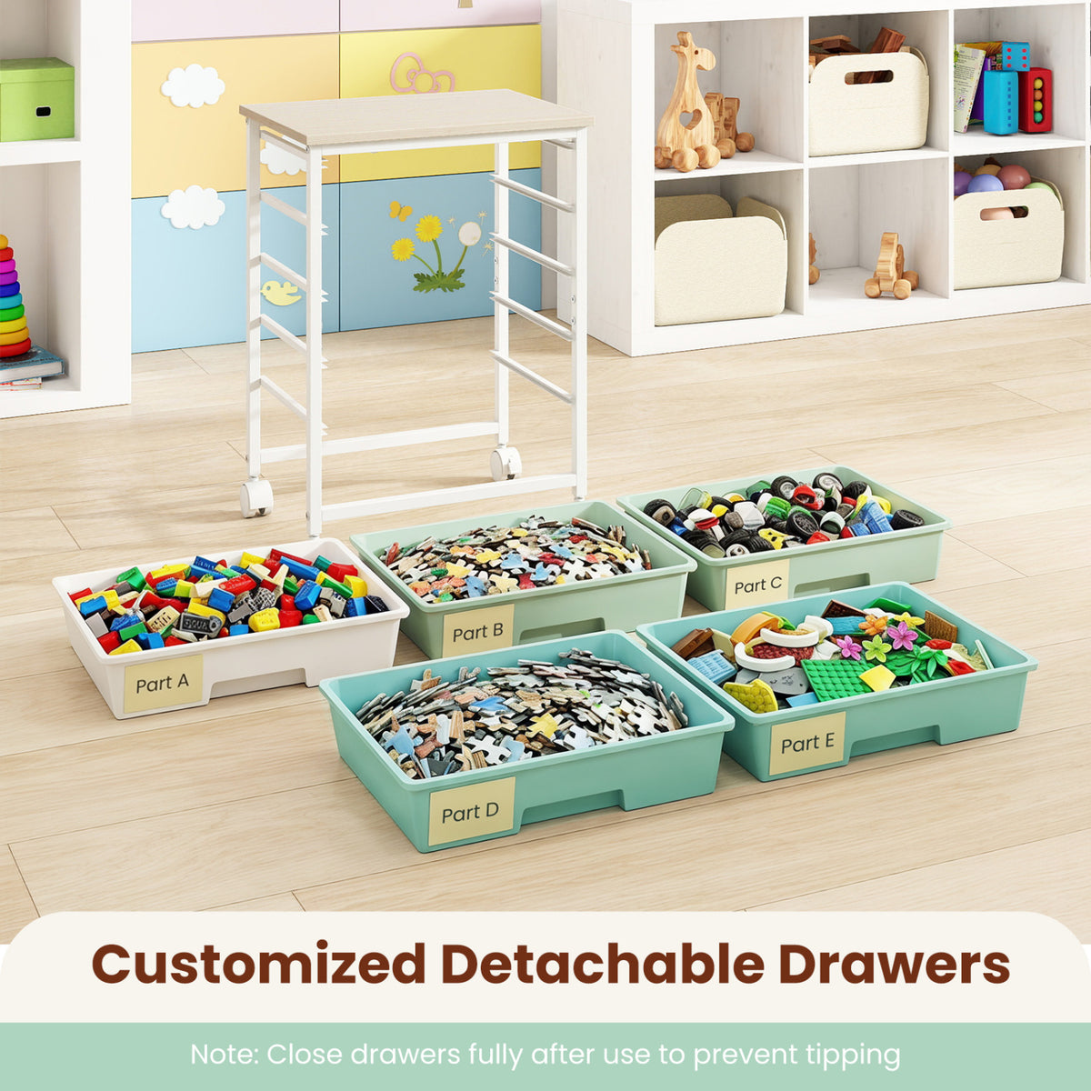5-Drawer Rolling Cart with Wooden Tabletop and Metal Frame for Craft Room