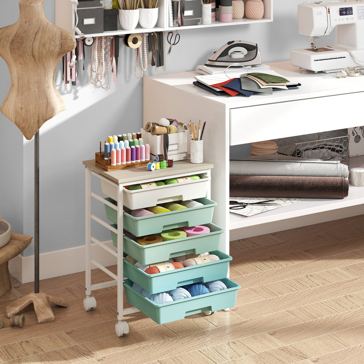 5-Drawer Rolling Cart with Wooden Tabletop and Metal Frame for Craft Room