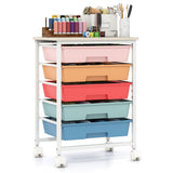 5-Drawer Rolling Cart with Wooden Tabletop and Metal Frame for Craft Room