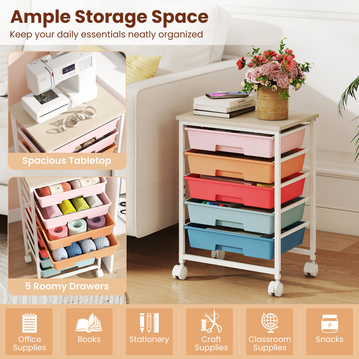5-Drawer Rolling Cart with Wooden Tabletop and Metal Frame for Craft Room