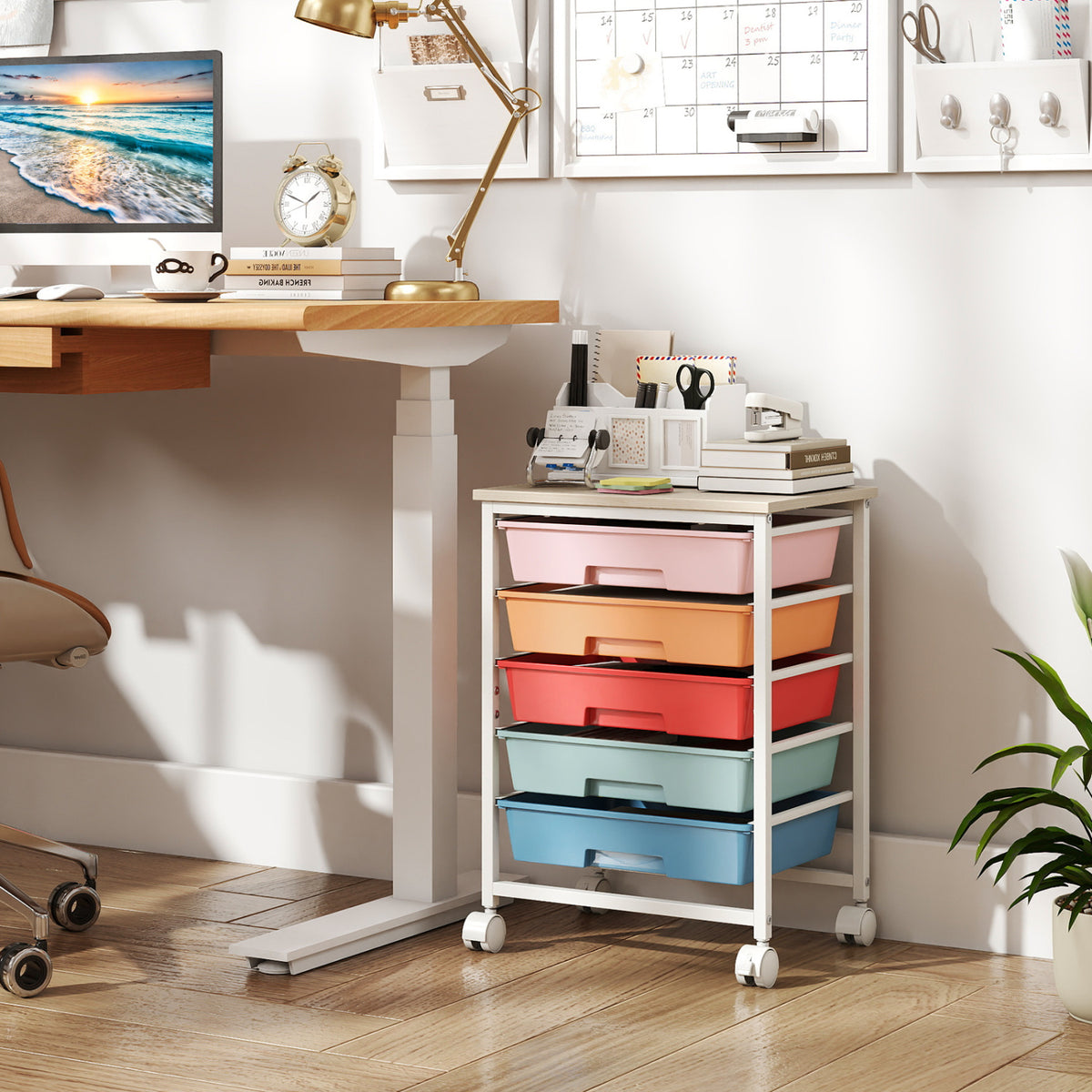 5-Drawer Rolling Cart with Wooden Tabletop and Metal Frame for Craft Room
