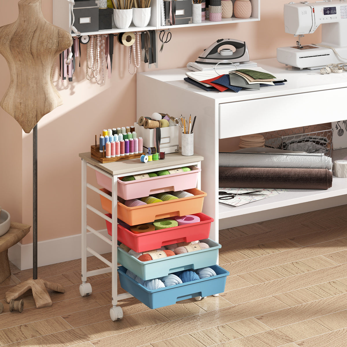 5-Drawer Rolling Cart with Wooden Tabletop and Metal Frame for Craft Room