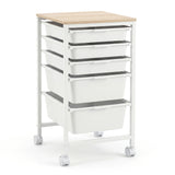 5-Drawer Rolling Storage Cart Mobile Utility Organizer with Wooden Tabletop and Lockable Wheels
