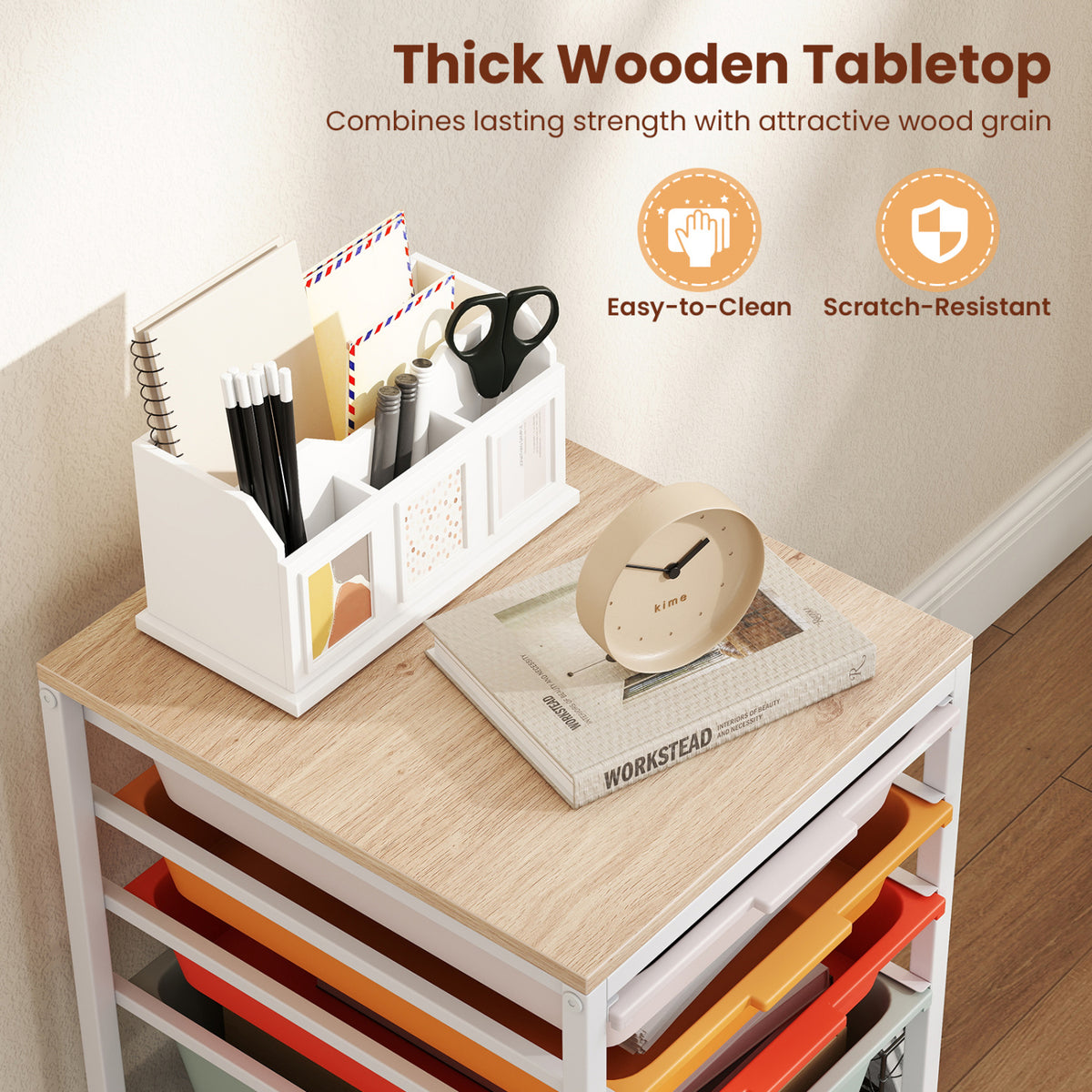 5-Drawer Rolling Storage Cart Mobile Utility Organizer with Wooden Tabletop and Lockable Wheels