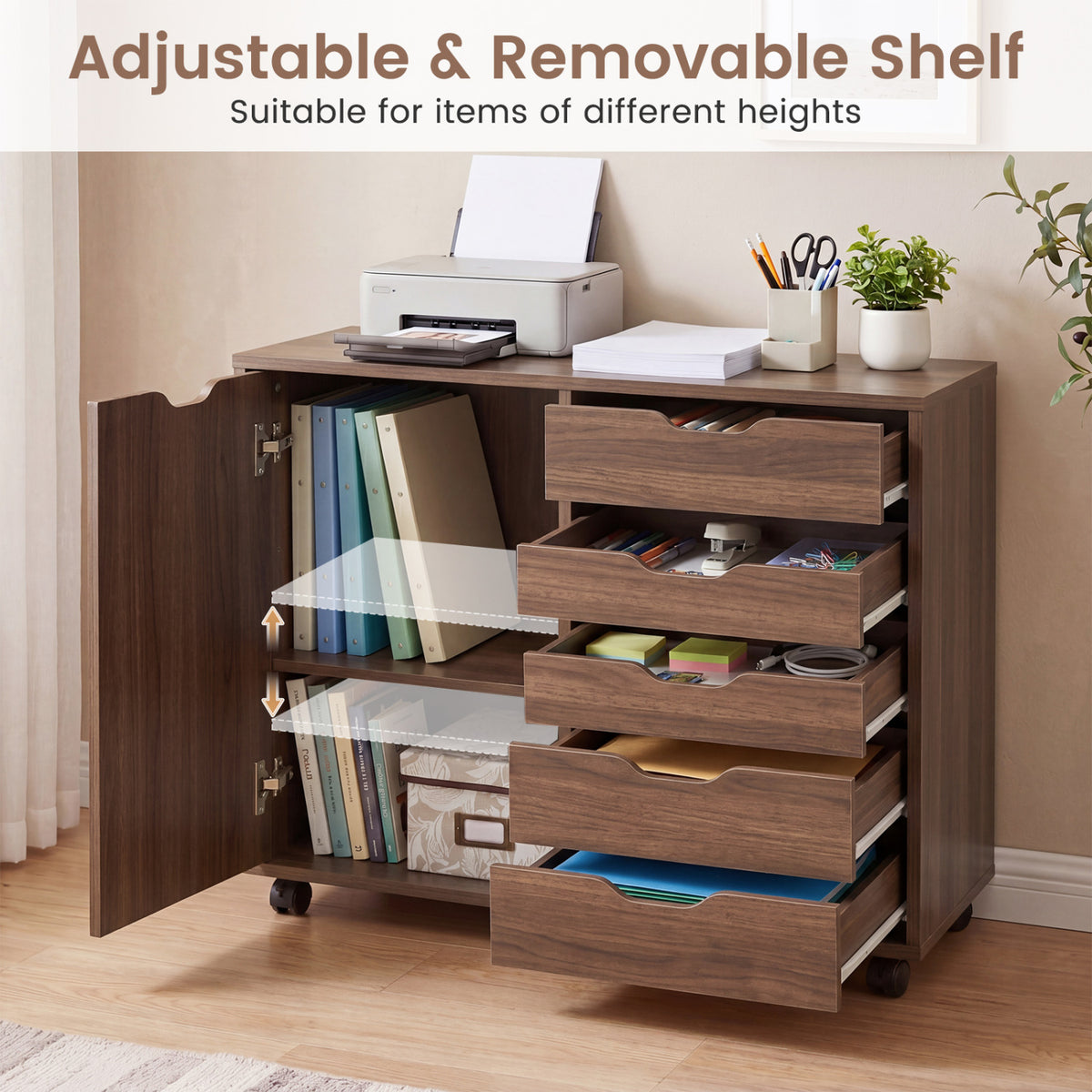 5 Drawer Storage Cabinet on Wheels with Adjustable Shelf