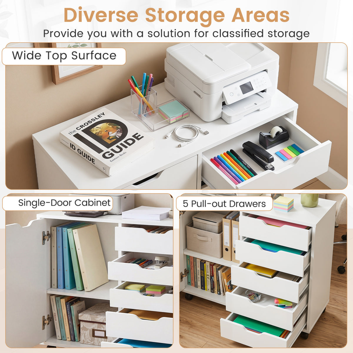 5 Drawer Storage Cabinet on Wheels with Adjustable Shelf