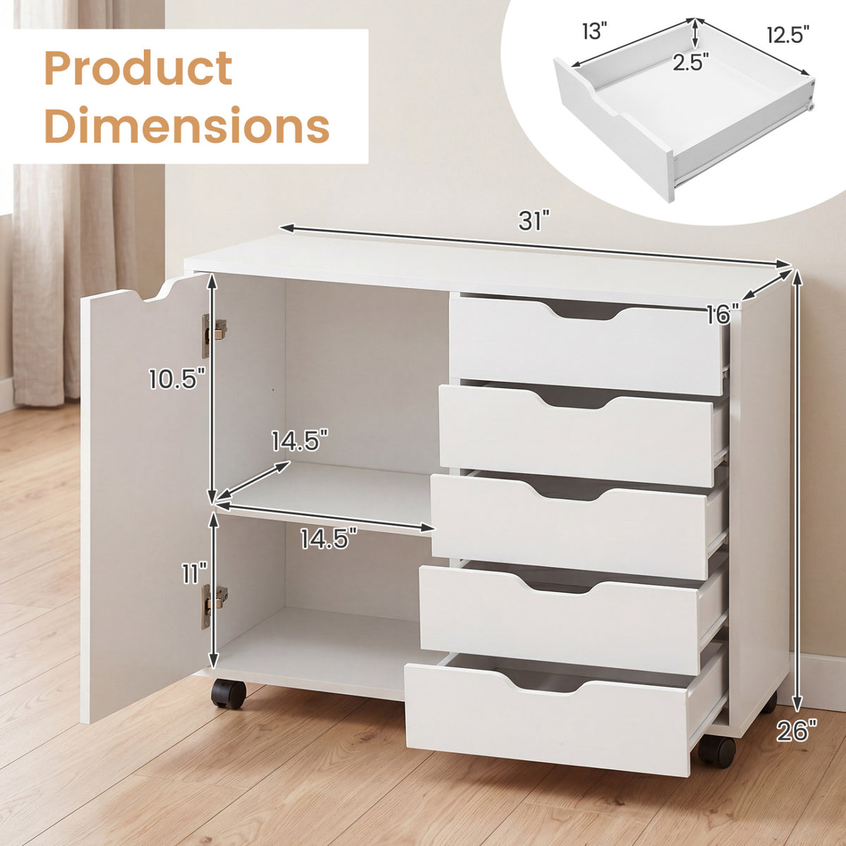 5 Drawer Storage Cabinet on Wheels with Adjustable Shelf