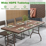 5FT Folding Picnic Table with Rattan Grain HDPE Tabletop and Sturdy Metal Fame-Coffee