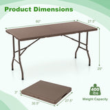 5FT Folding Picnic Table with Rattan Grain HDPE Tabletop and Sturdy Metal Fame-Coffee
