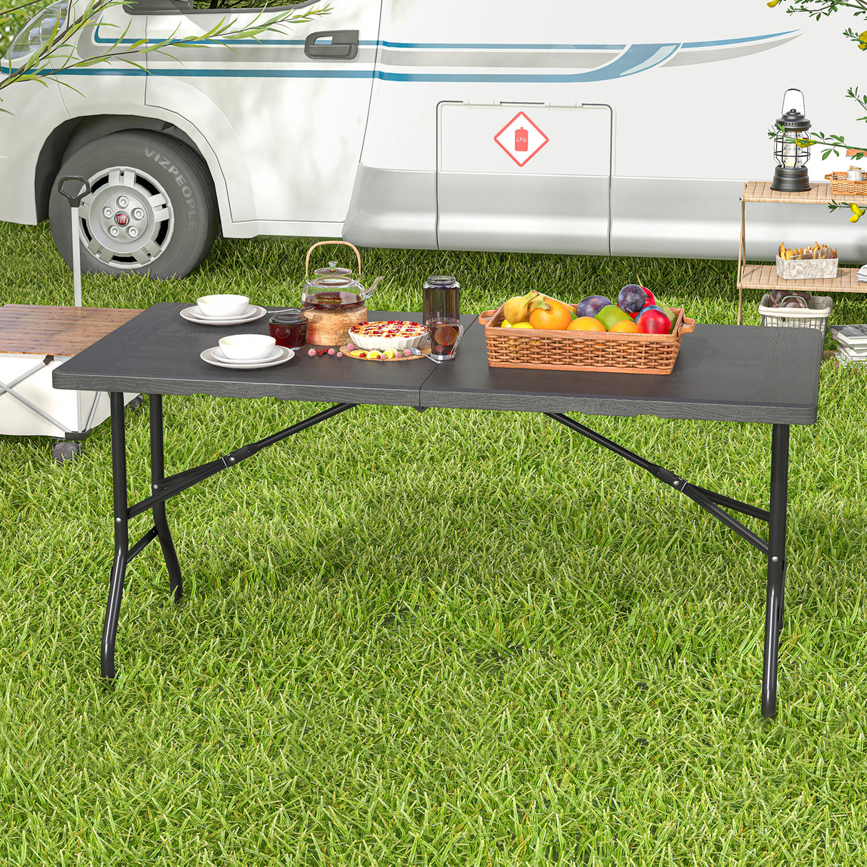 5FT Folding Picnic Table with Wood Grain HDPE Tabletop and  Non-slip Foot Pads