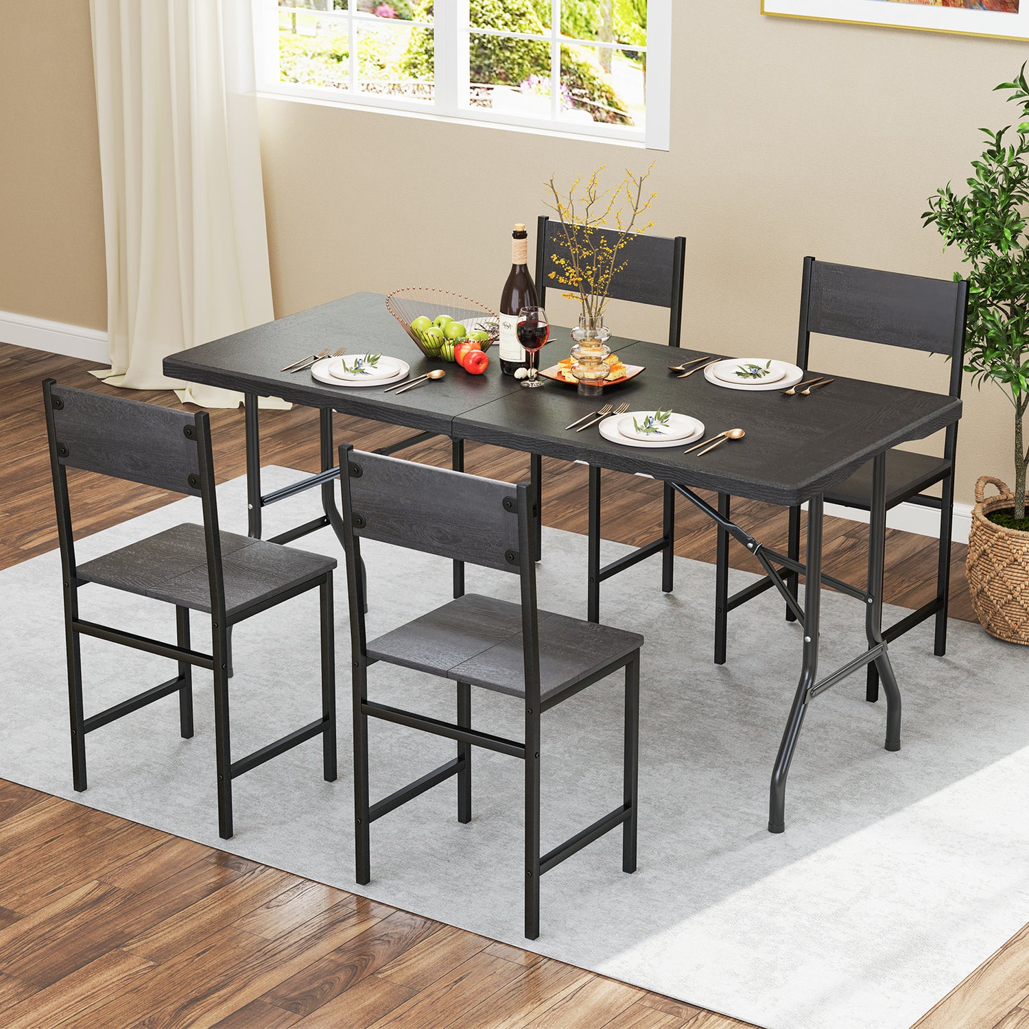 5FT Folding Picnic Table with Wood Grain HDPE Tabletop and  Non-slip Foot Pads