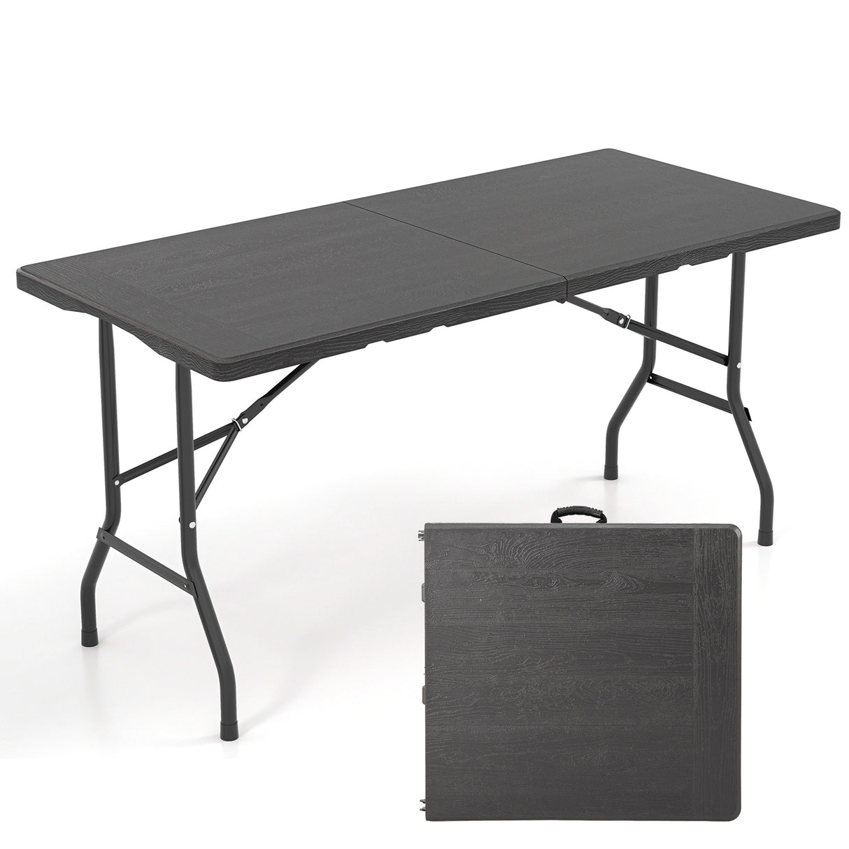 5FT Folding Picnic Table with Wood Grain HDPE Tabletop and  Non-slip Foot Pads