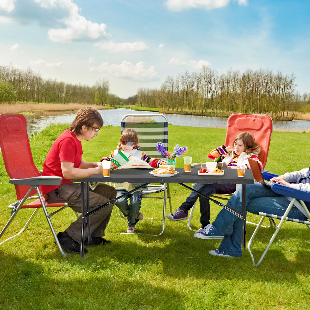 5FT Folding Picnic Table with Wood Grain HDPE Tabletop and  Non-slip Foot Pads