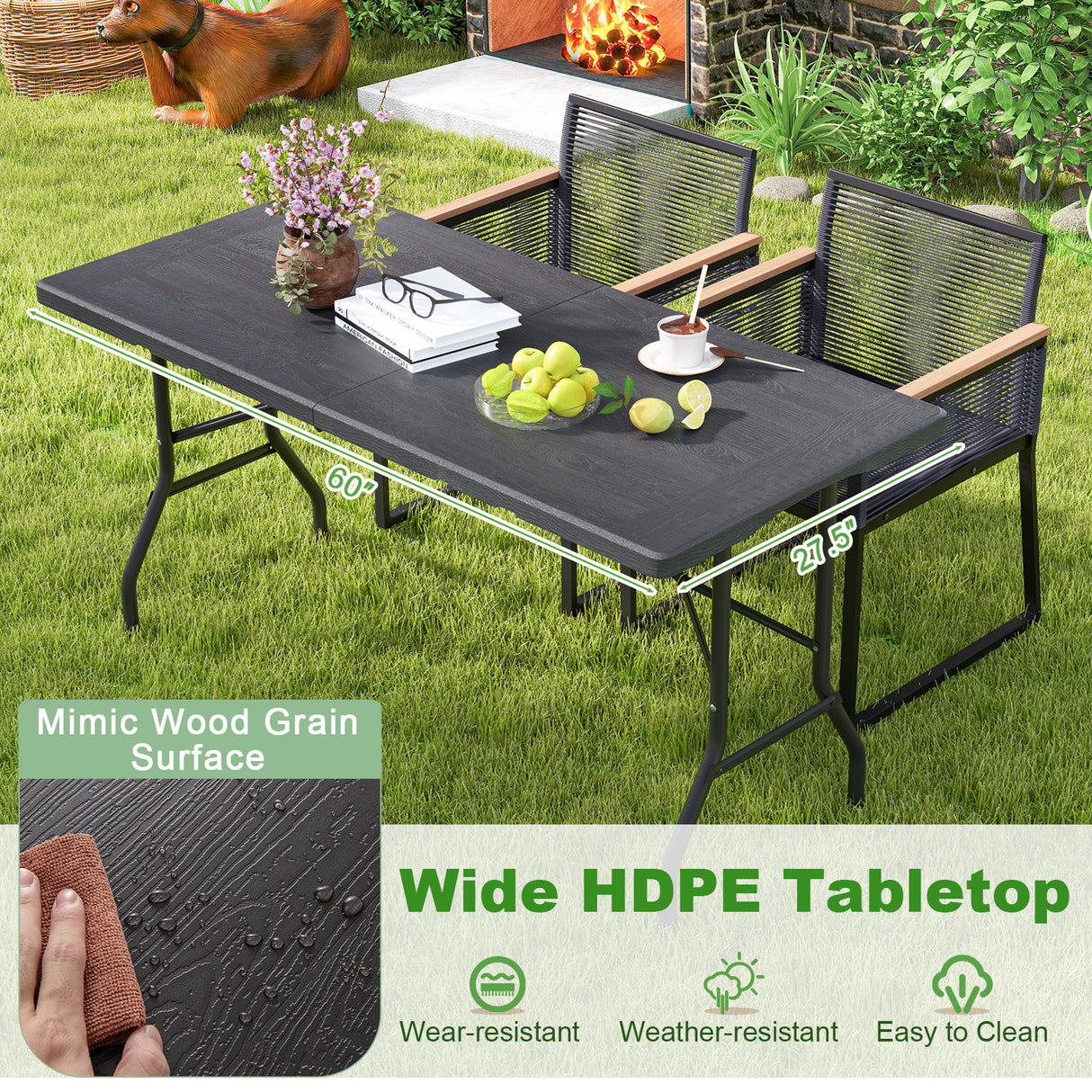 5FT Folding Picnic Table with Wood Grain HDPE Tabletop and  Non-slip Foot Pads
