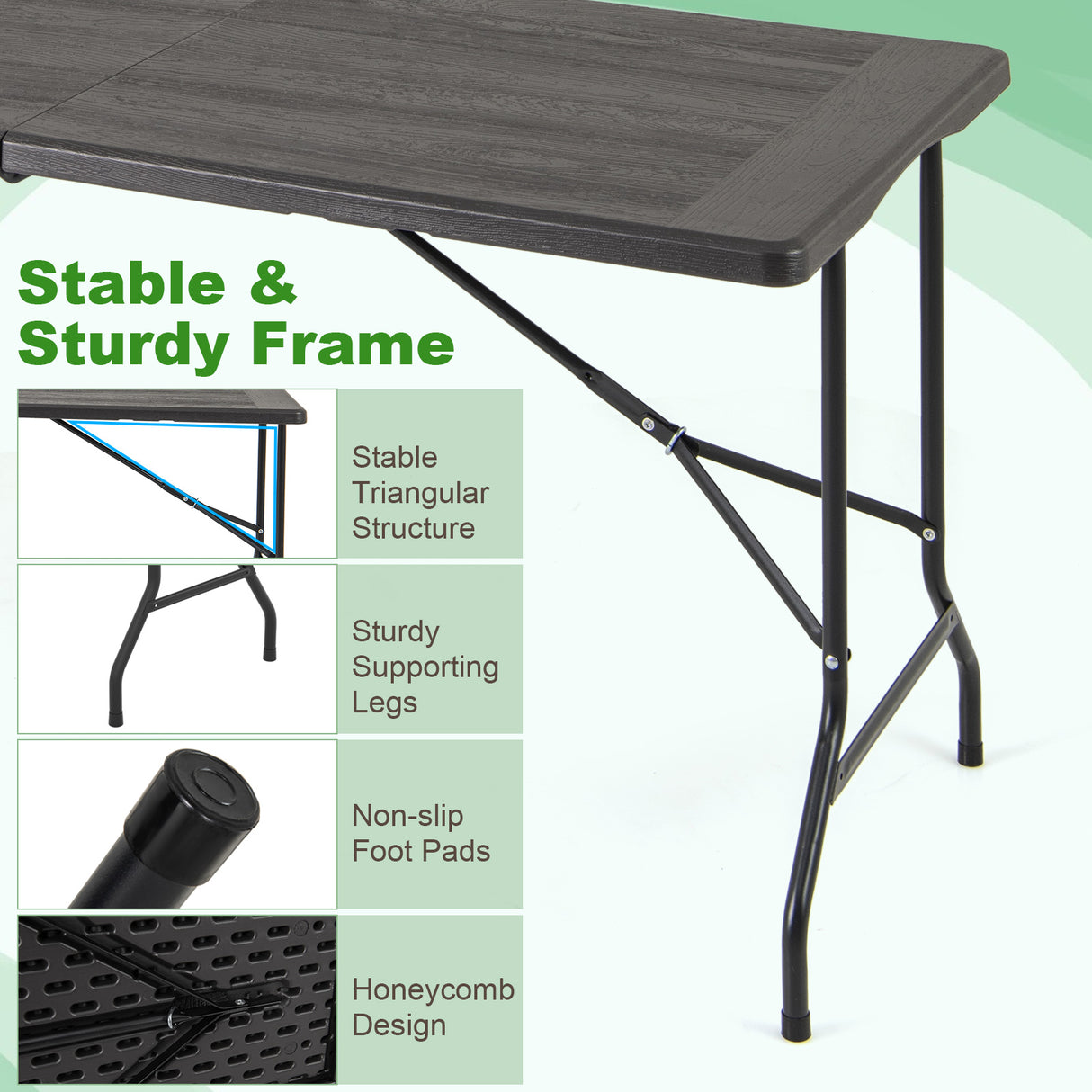 5FT Folding Picnic Table with Wood Grain HDPE Tabletop and  Non-slip Foot Pads