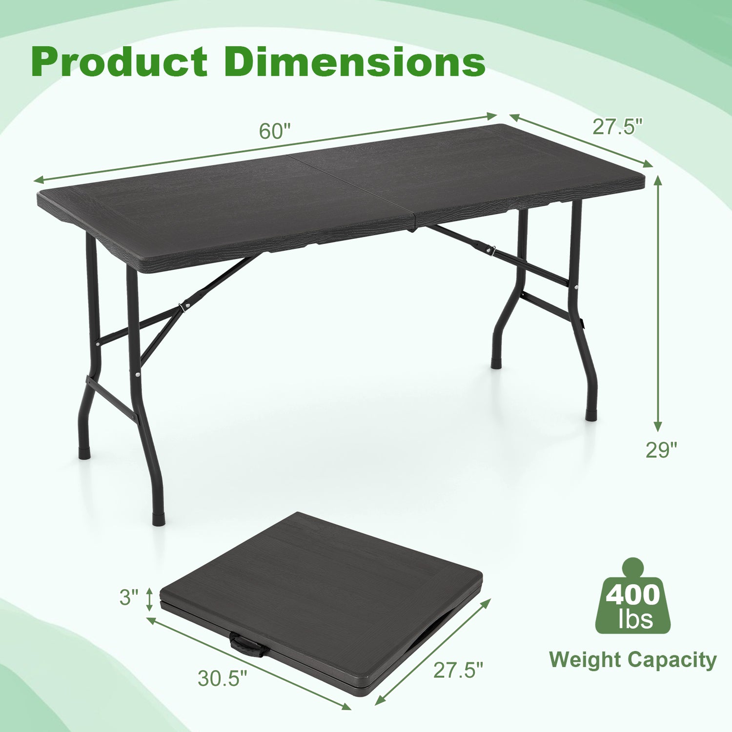 5FT Folding Picnic Table with Wood Grain HDPE Tabletop and  Non-slip Foot Pads