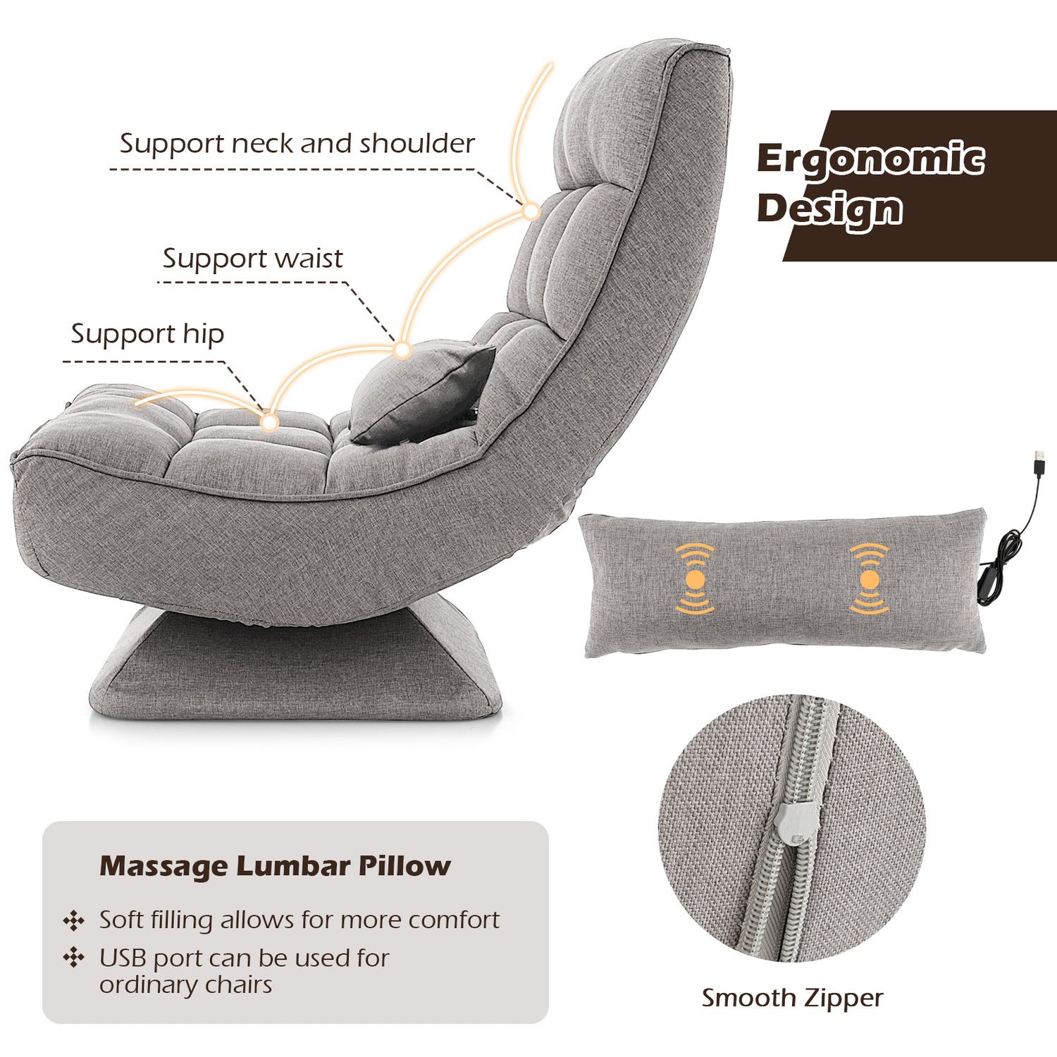 5-Level Adjustable 360° Swivel Floor Chair with Massage Pillow