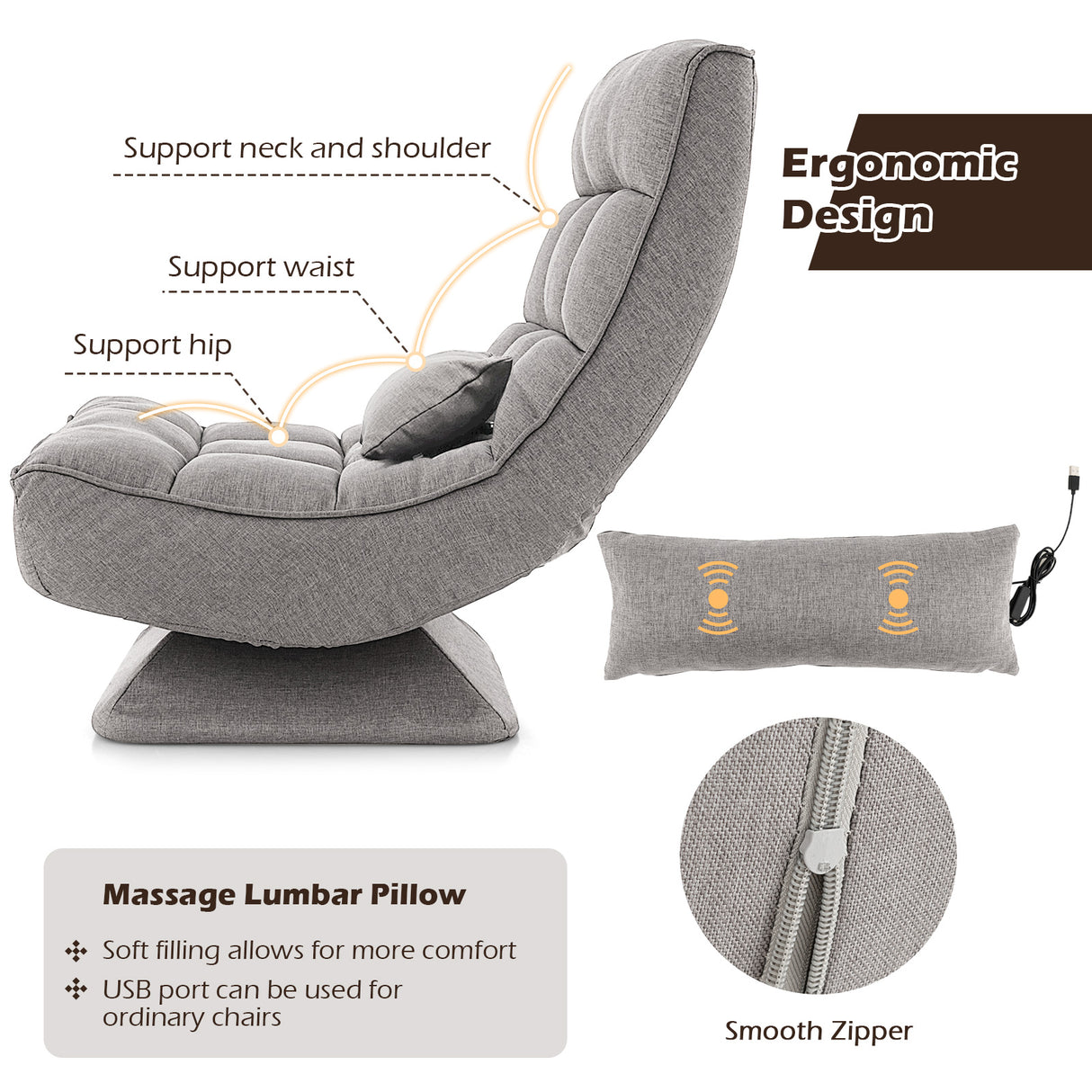 5-Level Adjustable 360° Swivel Floor Chair with Massage Pillow