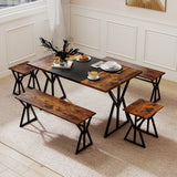 5-Piece Dining Room Set Industrial Rectangular Kitchen Table with 2 Benches and 2 Stools-Rustic Brown