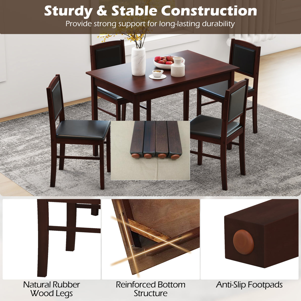 5-Piece Dining Set for 4 with Rubber Wood Legs for Small Dining Room
