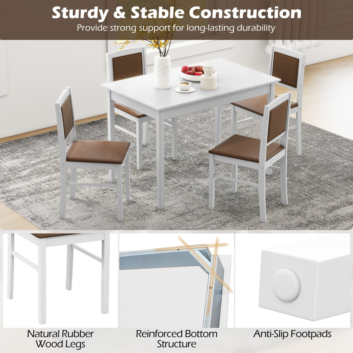 5-Piece Dining Set for 4 with Rubber Wood Legs for Small Dining Room