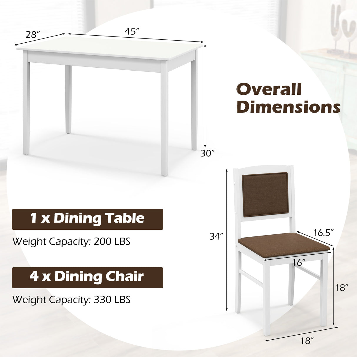5-Piece Dining Set for 4 with Rubber Wood Legs for Small Dining Room