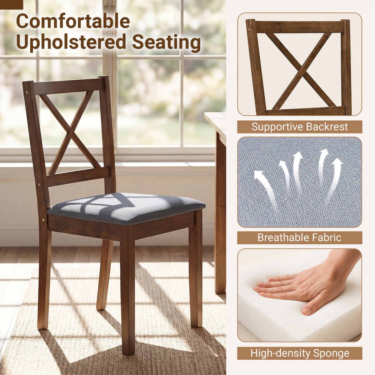 5-Piece Dining Set with Rectangular Table & Fabric Chairs for Small Space-Gray