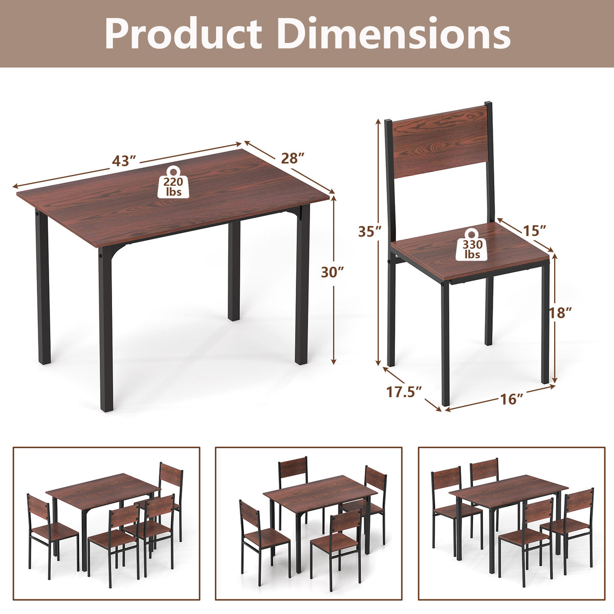 5 Piece Dining Table Set Industrial Style Kitchen Table and Chairs for 4