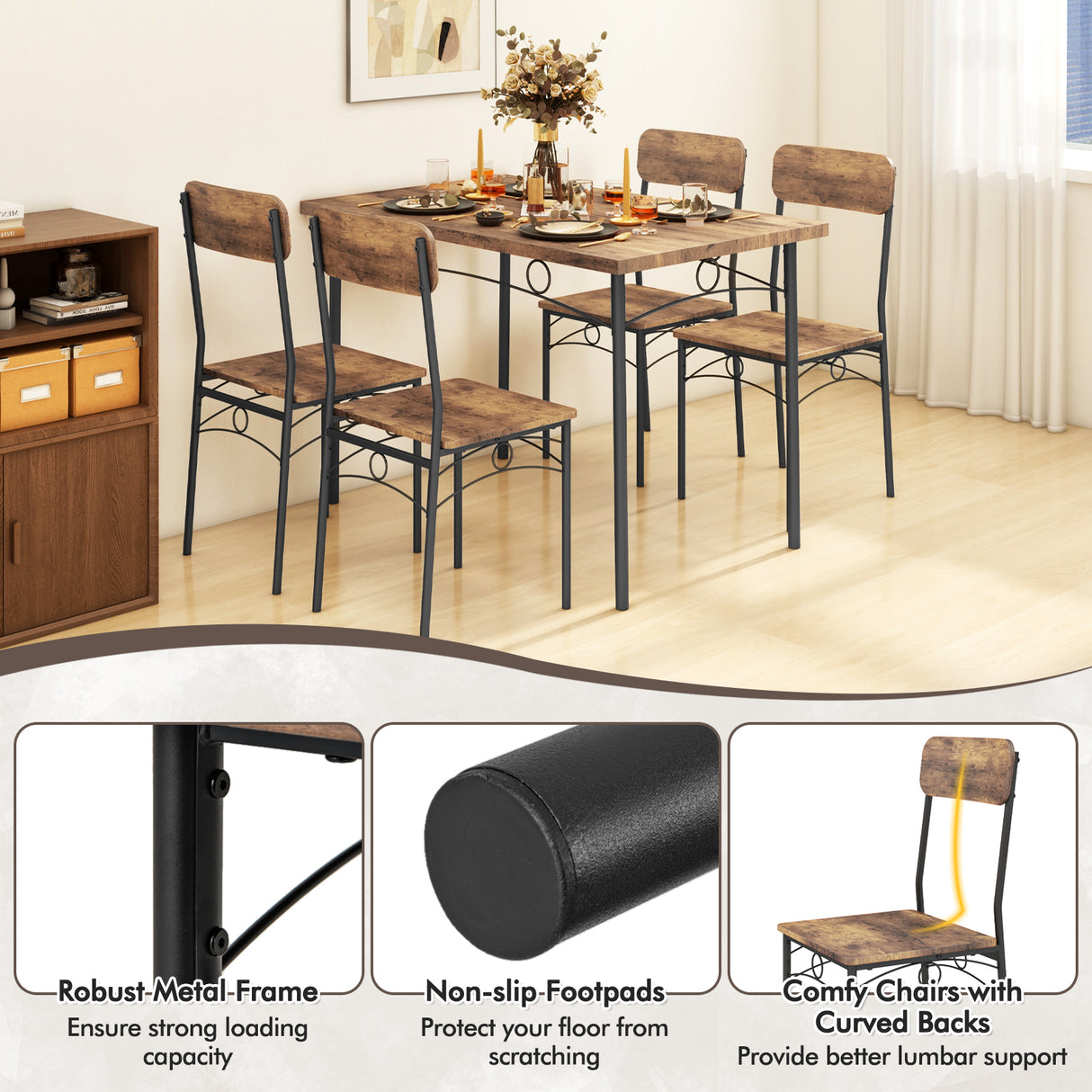 5-Piece Industrial Dining Table Set for 4 for Small Place Apartment-Brown