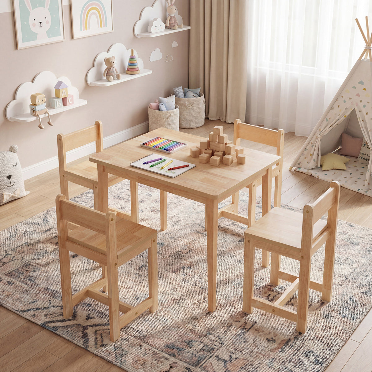 5-Piece Kids Table and Chairs Set Solid Rubber Wood Toddler Activity Table
