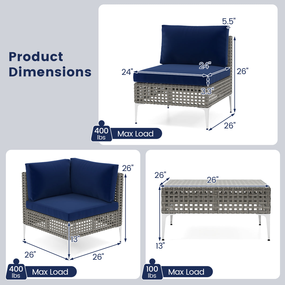 5 Piece Outdoor Furniture Set Patio Rattan Chairs with Tempered Glass Coffee Table-Navy
