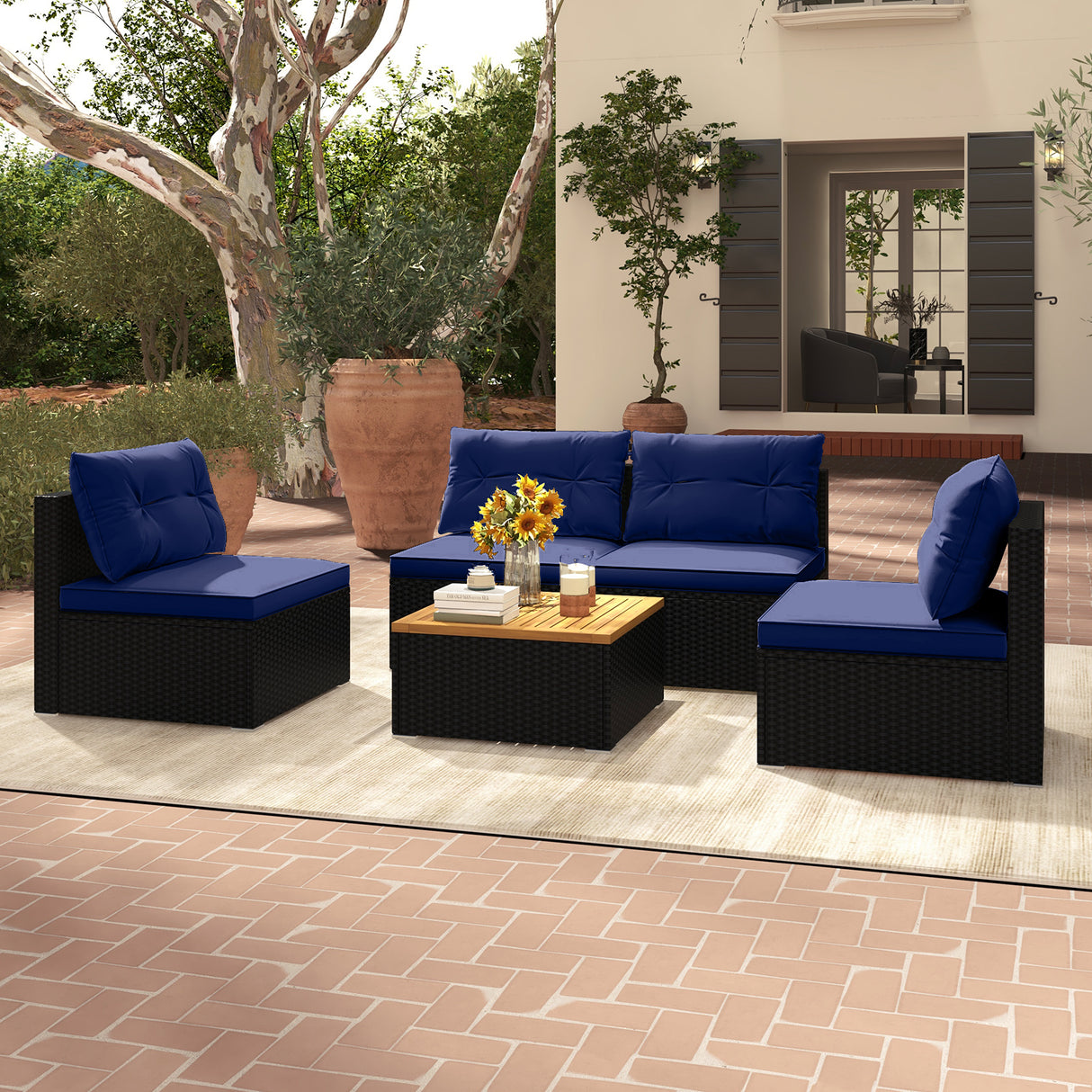 5 Piece Outdoor Furniture Set with Solid Tabletop and Soft Cushions