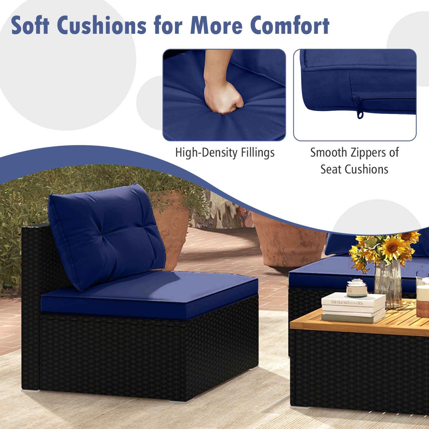 5 Piece Outdoor Furniture Set with Solid Tabletop and Soft Cushions