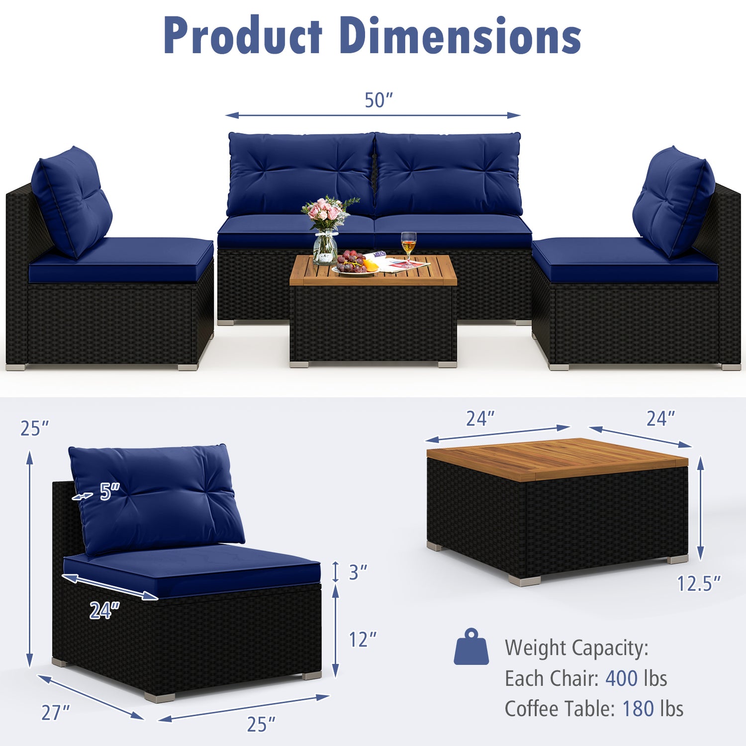 5 Piece Outdoor Furniture Set with Solid Tabletop and Soft Cushions