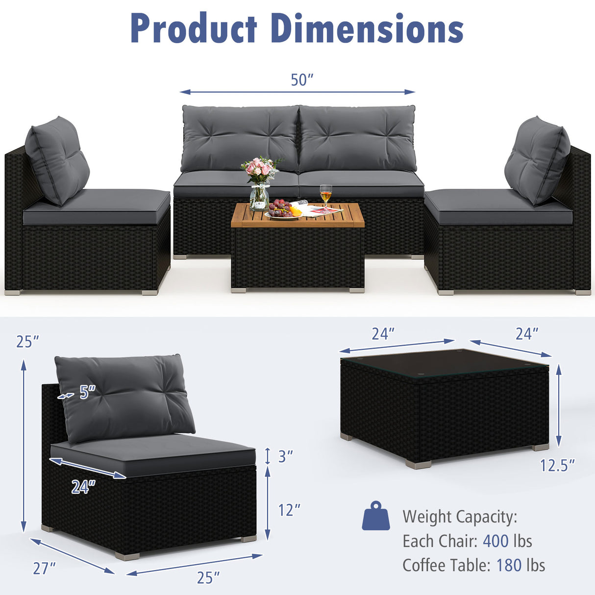5 Piece Outdoor Furniture Set with Solid Tabletop and Soft Cushions