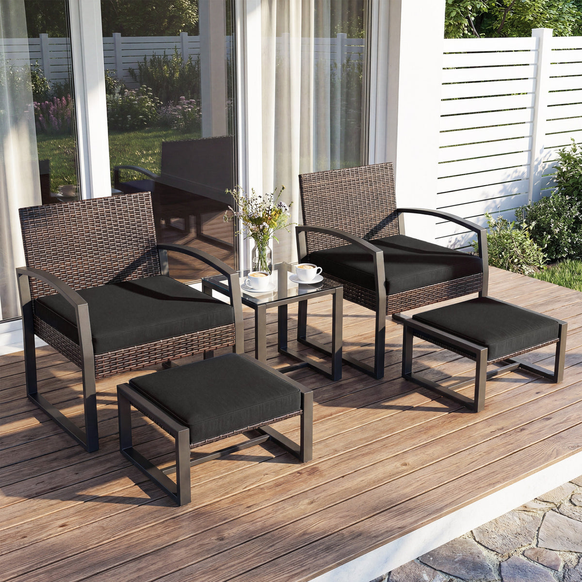 5-Piece Patio Conversation Set with 2 Ottomans and Tempered Glass Side Table