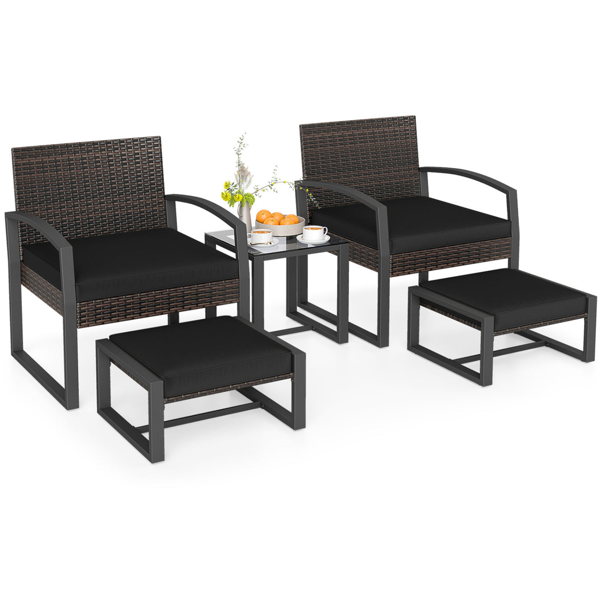 5-Piece Patio Conversation Set with 2 Ottomans and Tempered Glass Side Table