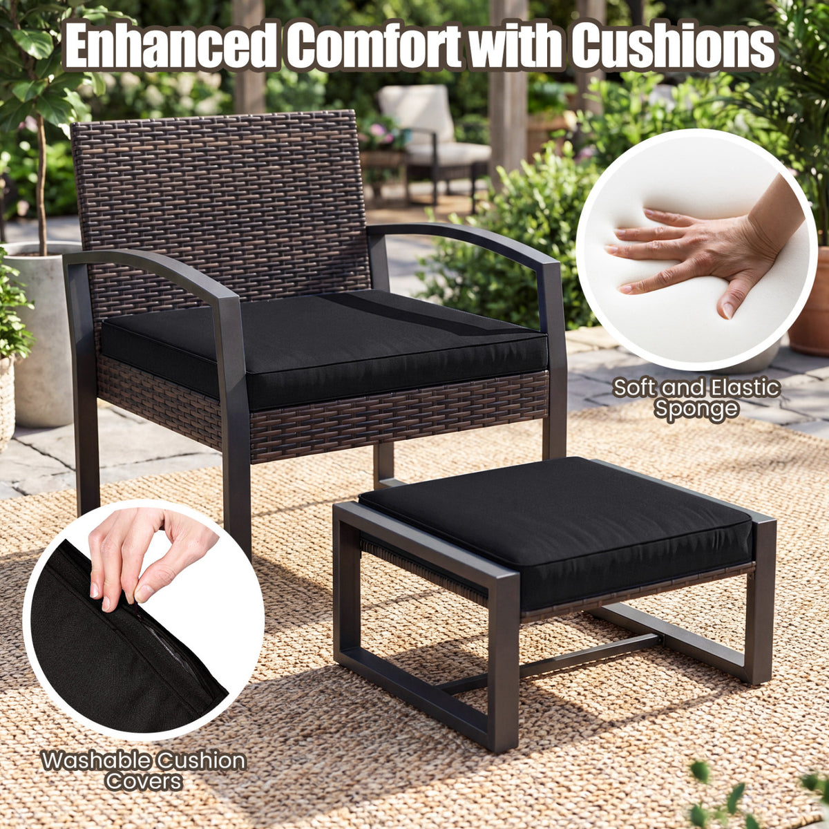 5-Piece Patio Conversation Set with 2 Ottomans and Tempered Glass Side Table