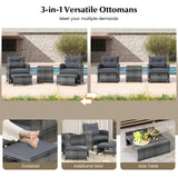 5 Piece Patio Rattan Furniture with 2 Ottomans and Tempered Glass Coffee Table