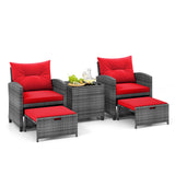 5 Piece Patio Rattan Furniture with 2 Ottomans and Tempered Glass Coffee Table