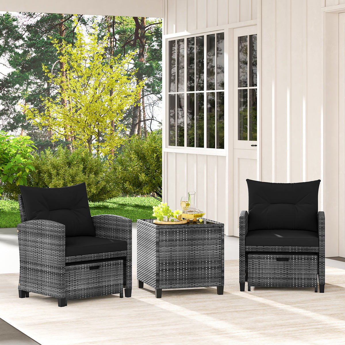 5 Piece Patio Rattan Furniture with 2 Ottomans and Tempered Glass Coffee Table