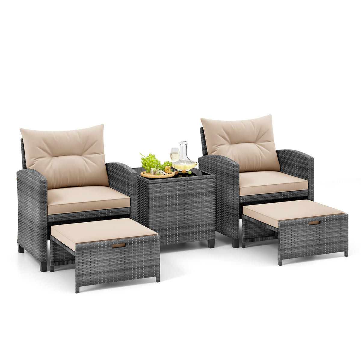 5 Piece Patio Rattan Furniture with 2 Ottomans and Tempered Glass Coffee Table
