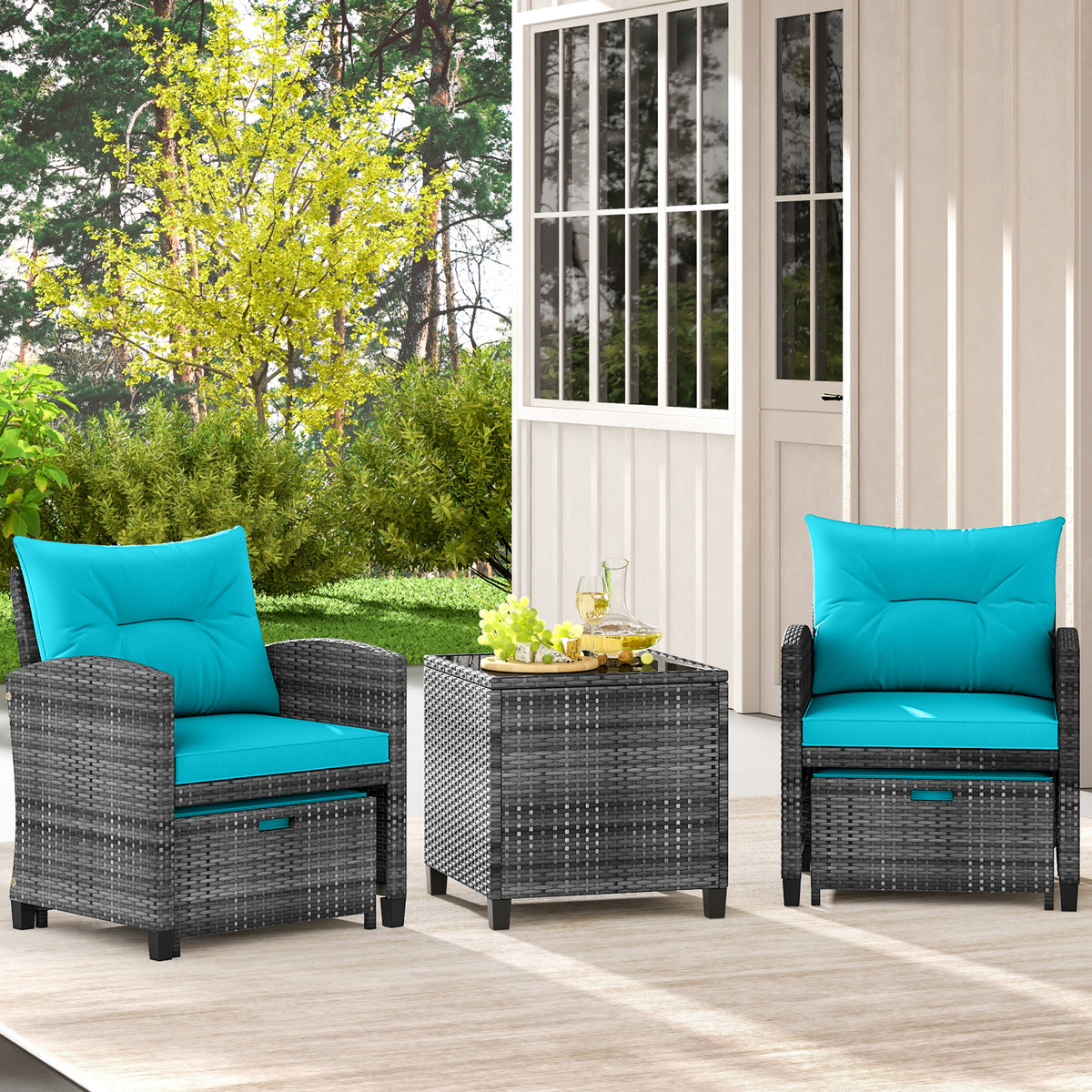 5 Piece Patio Rattan Furniture with 2 Ottomans and Tempered Glass Coffee Table