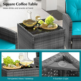 5 Piece Patio Rattan Furniture with 2 Ottomans and Tempered Glass Coffee Table