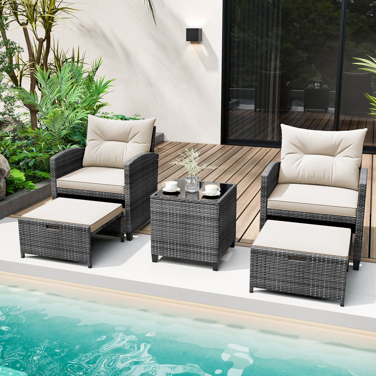5 Piece Patio Rattan Furniture with 2 Ottomans and Tempered Glass Coffee Table