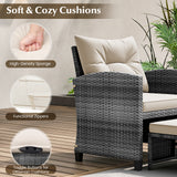 5 Piece Patio Rattan Furniture with 2 Ottomans and Tempered Glass Coffee Table