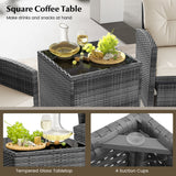 5 Piece Patio Rattan Furniture with 2 Ottomans and Tempered Glass Coffee Table