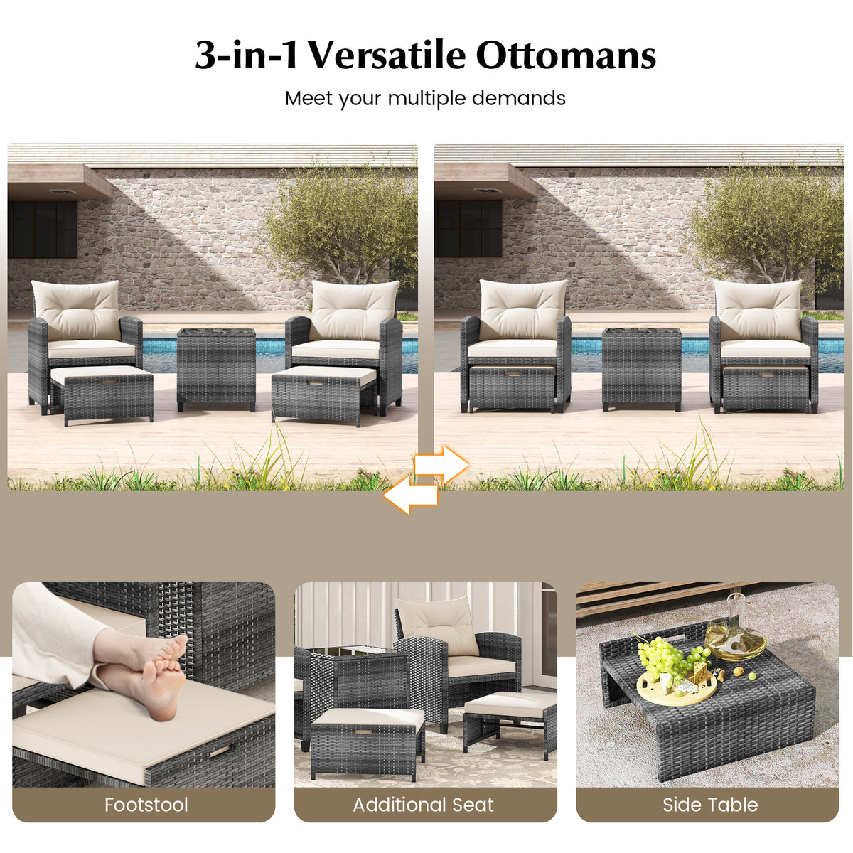 5 Piece Patio Rattan Furniture with 2 Ottomans and Tempered Glass Coffee Table