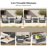 5 Piece Patio Rattan Furniture with 2 Ottomans and Tempered Glass Coffee Table